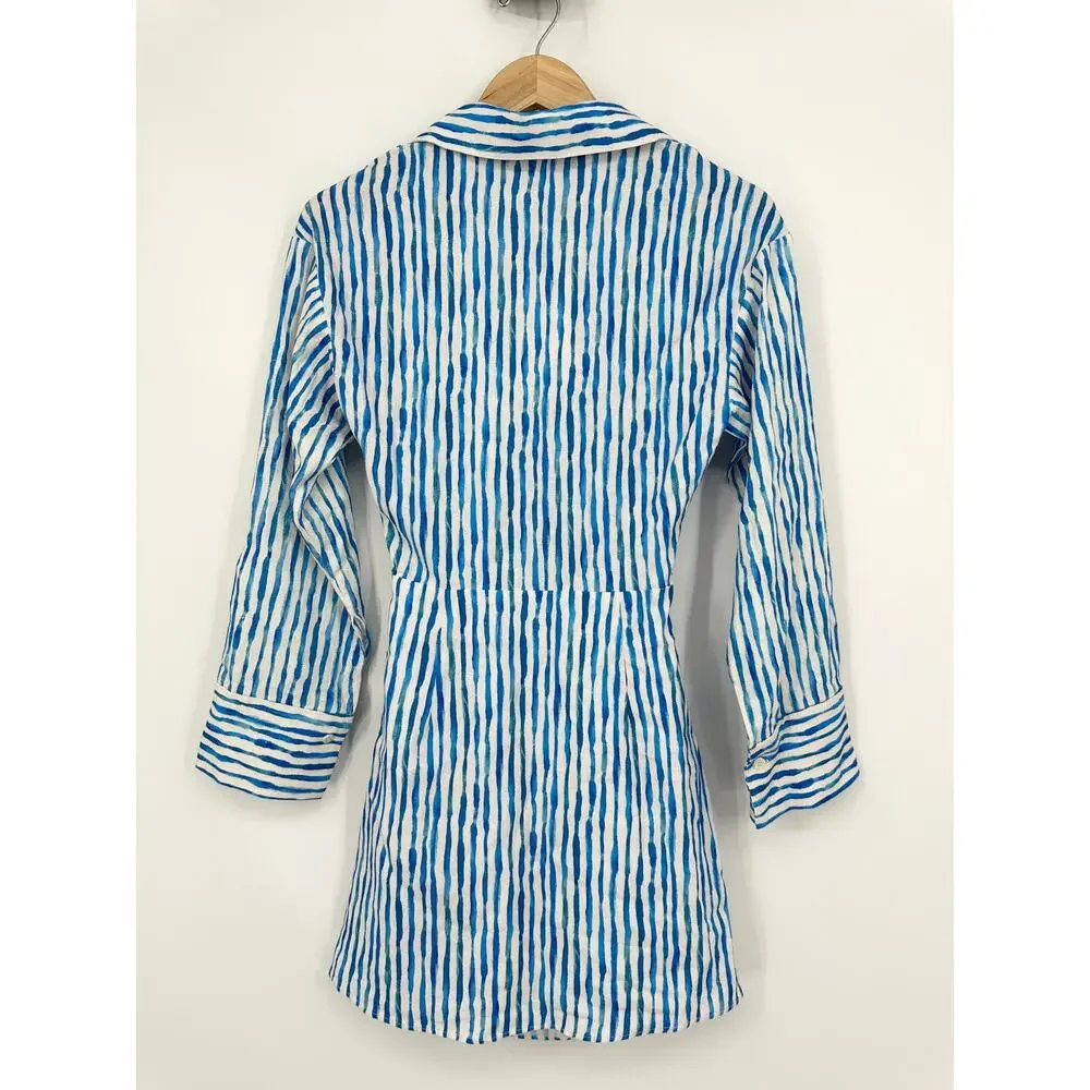 ZARA Striped Knot Cut Out Mini Dress Linen Blend Long Sleeve Blue/ White NWT - Picture 9 of 14